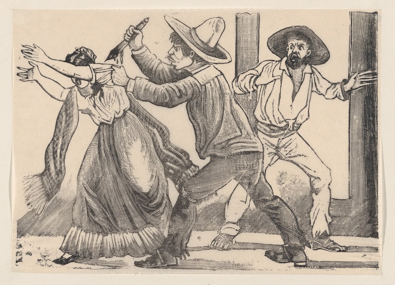 A man grabbing a woman by her sleeve and stabbing her, from a broadside entitled 