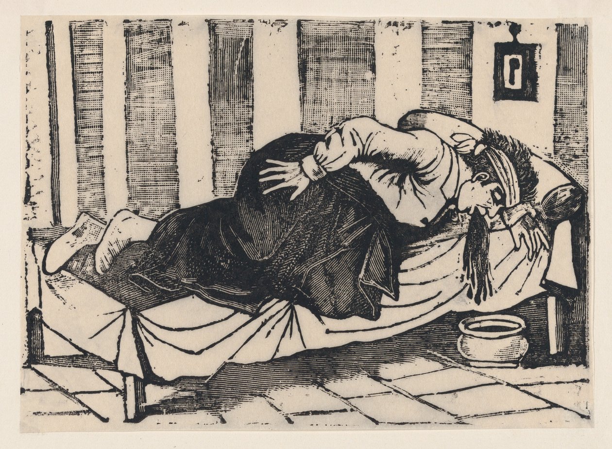 A man leaning over the side of a bed vomiting, from a broadside entitled 