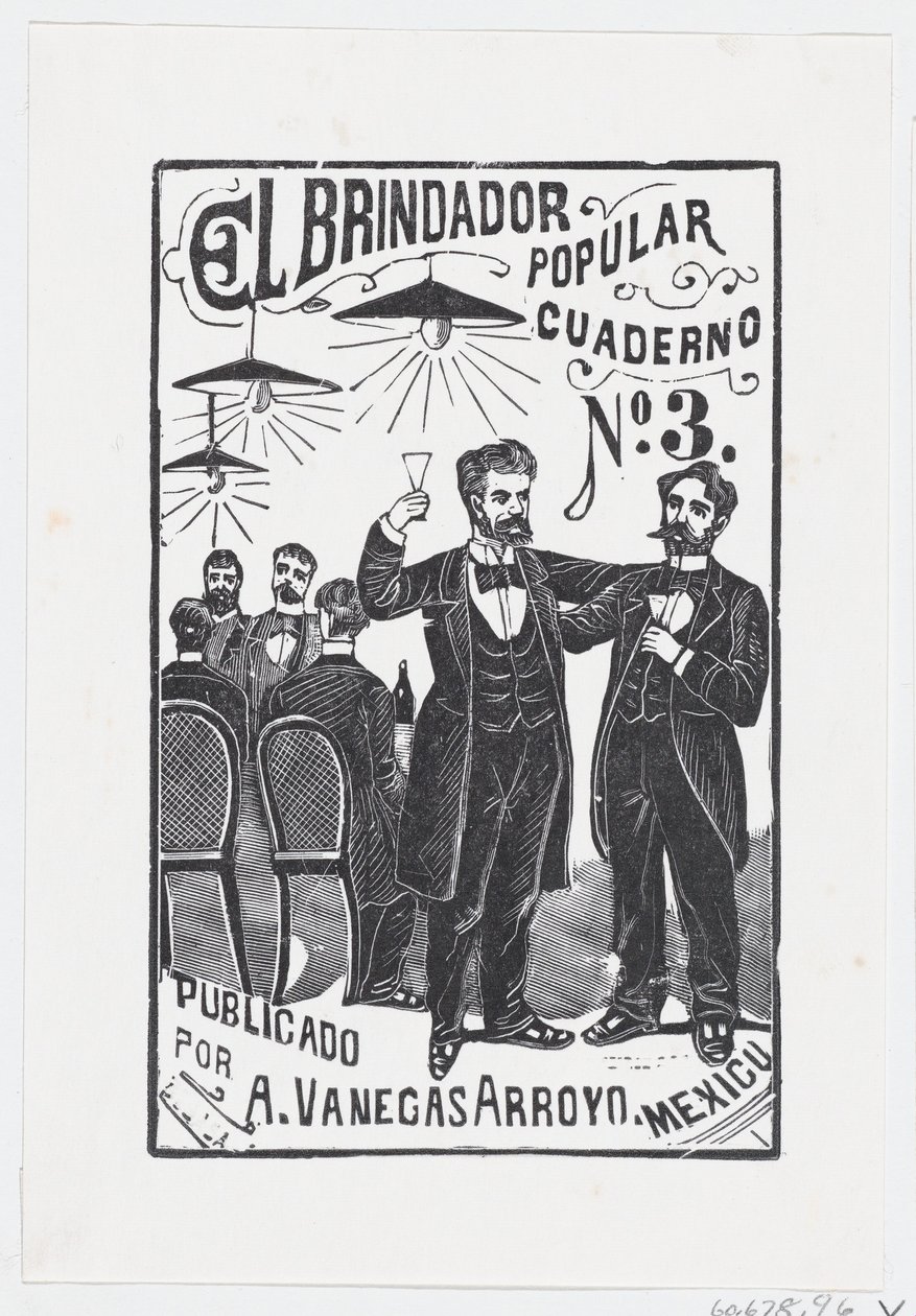 A man raising his glass with a group of men sitting at a table in the background by José Guadalupe Posada