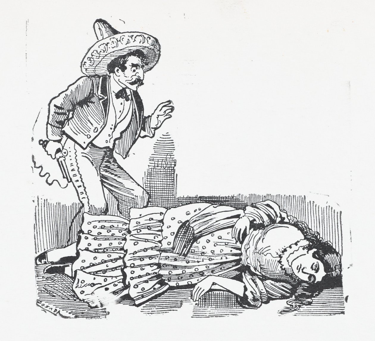 A man with a gun standing over a woman he has just shot, ca. 1880-1910 by José Guadalupe Posada