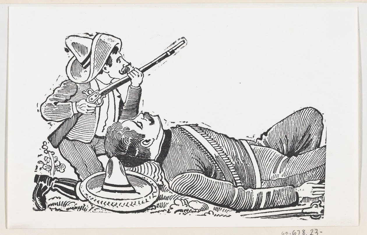 A revolutionary holding a rifle and kneeling to protect a fallen revolutionary, c. 1880-1910 by José Guadalupe Posada