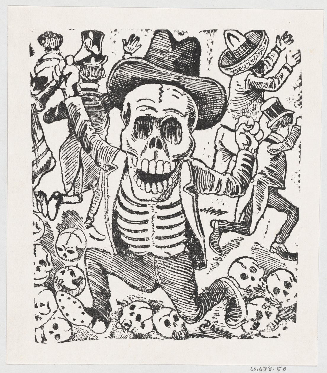 A skeleton holding a bone and leaping over a pile of skulls while people flee by José Guadalupe Posada