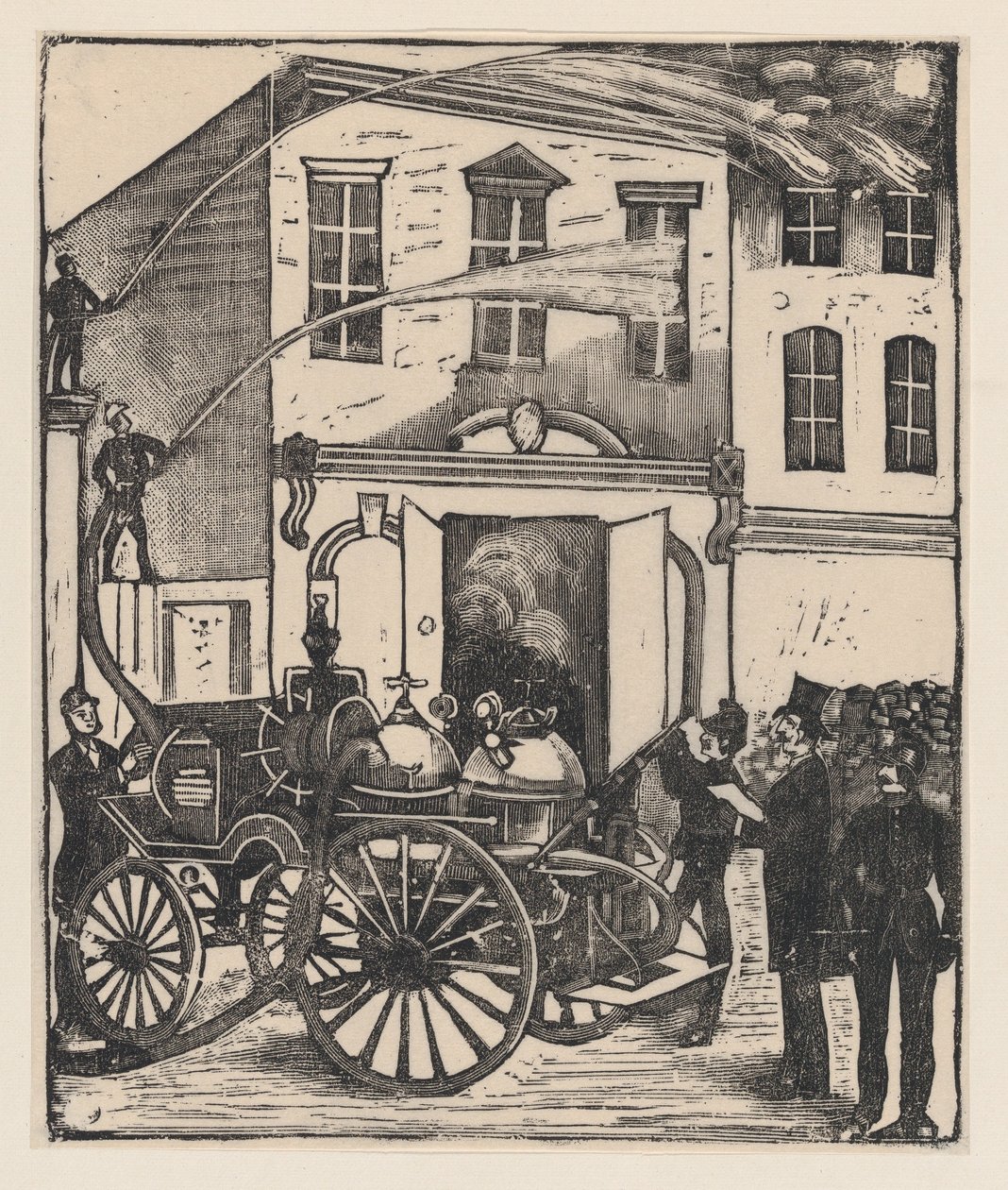Firefighters Putting Out a Fire in a House, Firetruck in Foreground, ca. 1880-1910 by José Guadalupe Posada