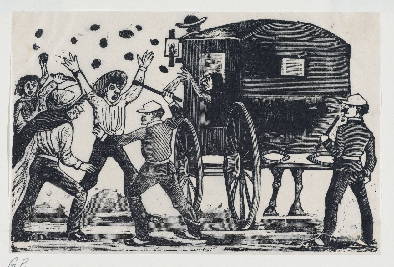 Men fighting near a horse and carriage by José Guadalupe Posada