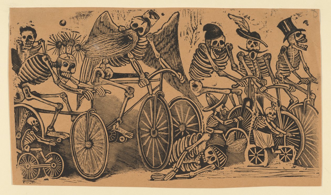 Skeletons Calaveras Riding Bicycles by José Guadalupe Posada