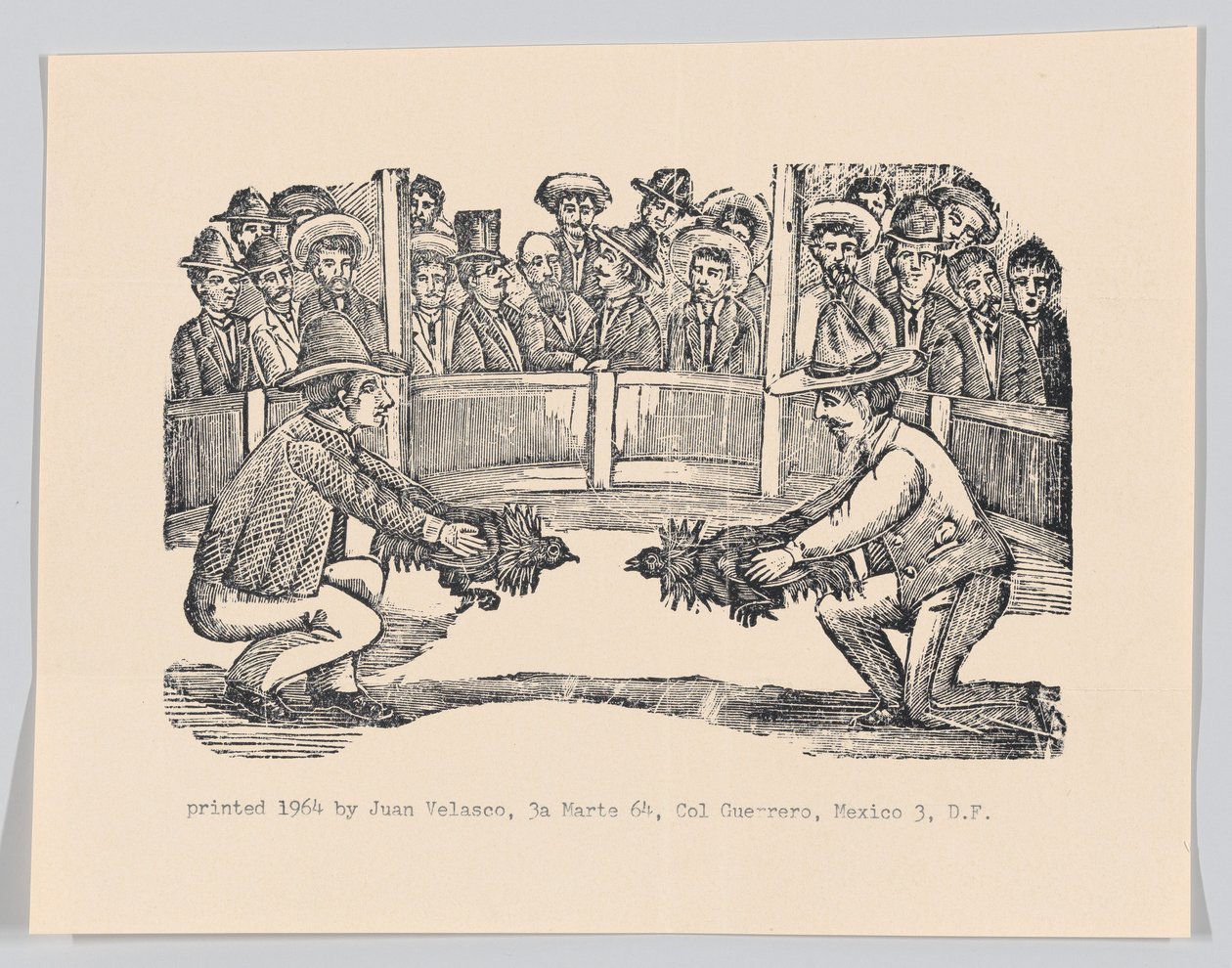Two men in an arena holding cocks in preparation for a fight, ca 1890-1910 reprinted 1964 by José Guadalupe Posada