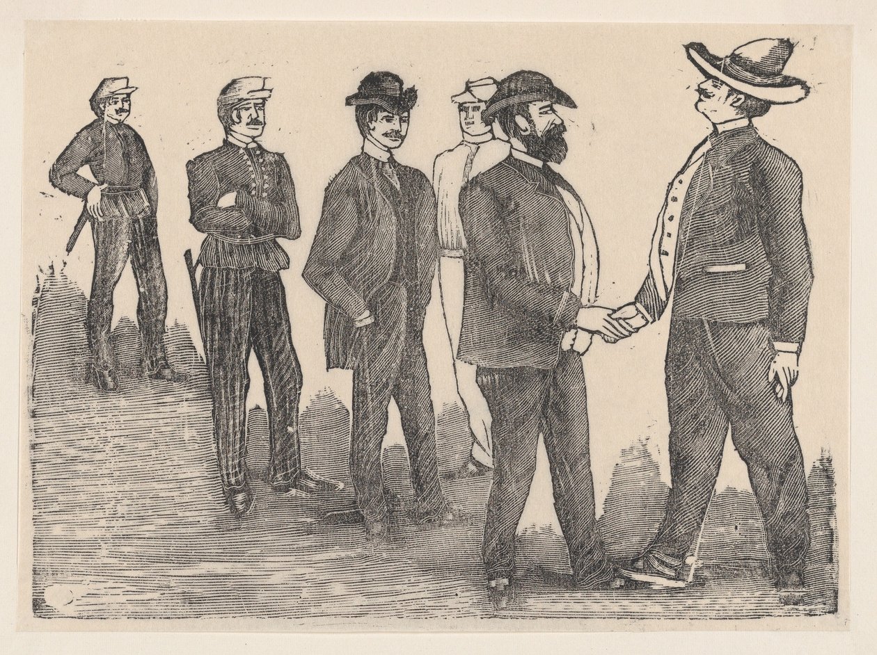 Two men shaking hands in the foreground and officers watching them in the background by José Guadalupe Posada