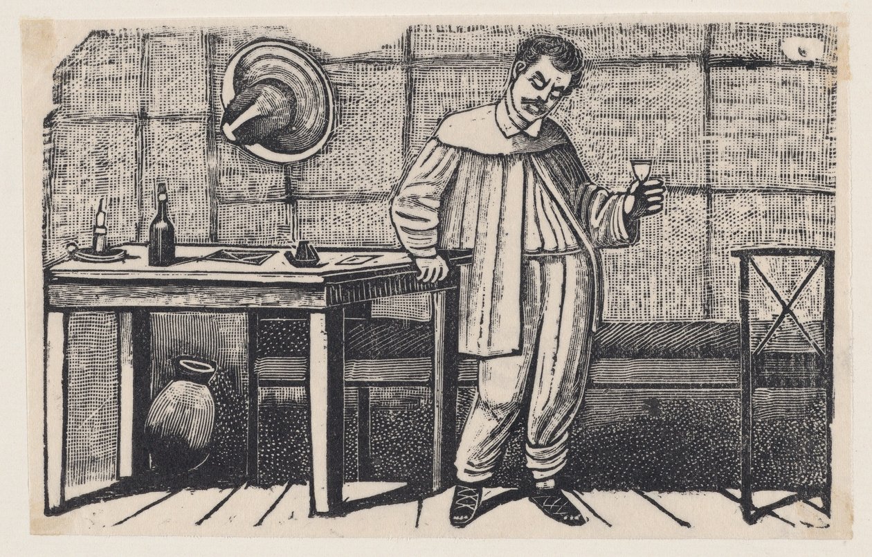 A man with a glass in his hand looking downwards and leaning on a table, an illustration from 