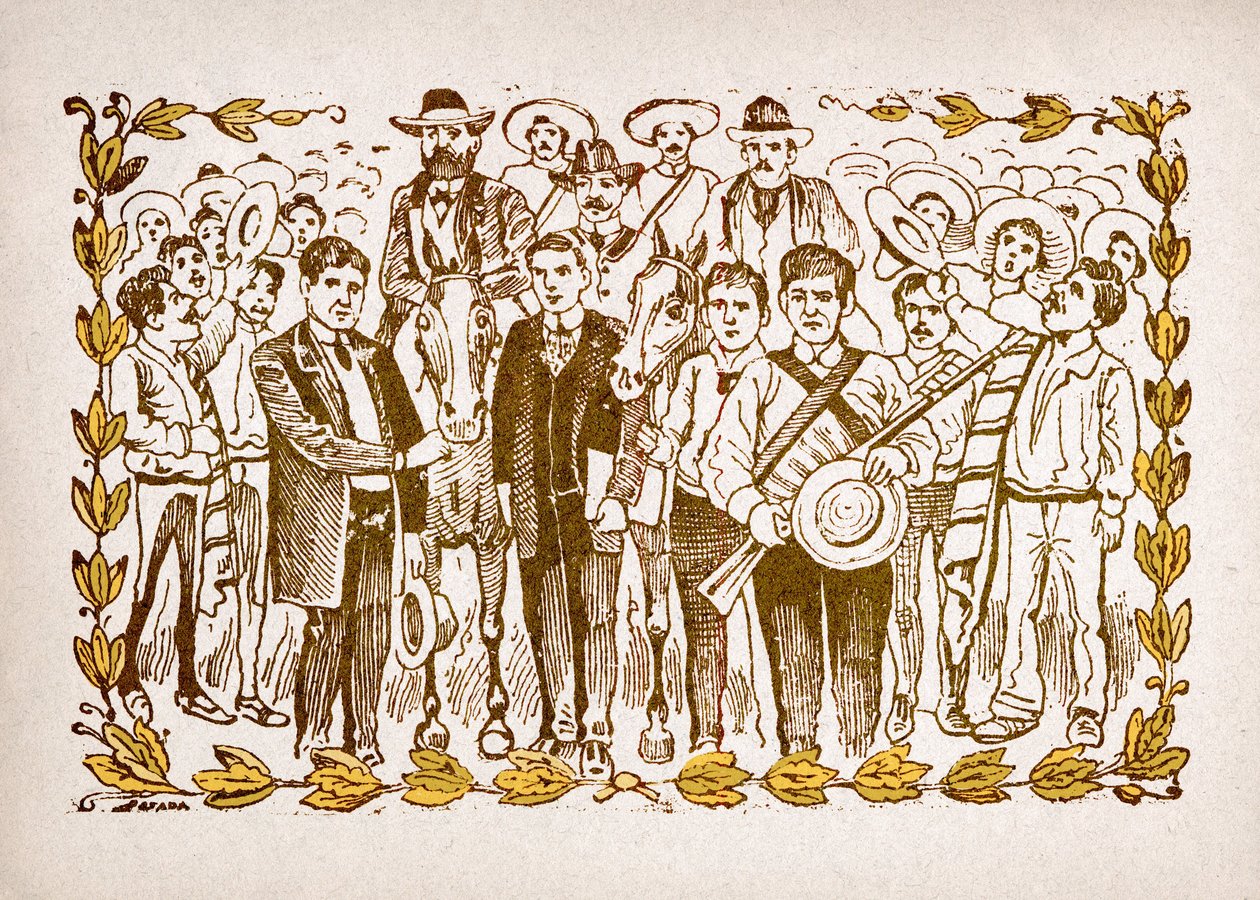 Mexico, Mexican Revolution: “El Triunfo de Madero” (Francisco Indalecio Madero Gonzalez (1873-1913) elected president with the support of revolutionaries Villa and Zapata. Portrait on horseback in the middle of the crowd of his followers. Engraving by José Guadalupe Posada