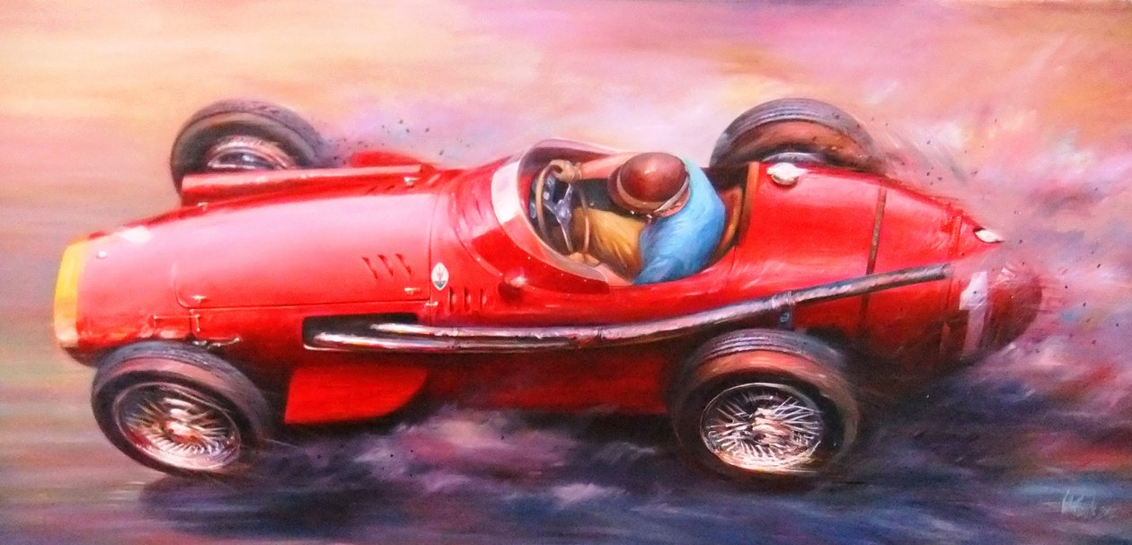 Juan Manuel Fangio, Mille Miglia 1953, Alfa Romeo 6C 3000cc (red top) by Jose Maria Villafuerte