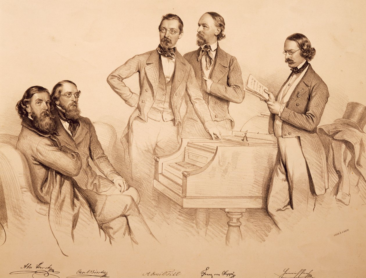 Group Portrait of Viennese Musicians and Composer: Franz von Suppe, Carl Binder, Anton Storch, Heinrich Proch and Anton Emil Titl by Josef Nikolaus Kriehuber