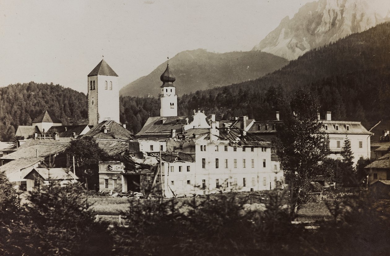 Album: My World War Memories of the South-Western Front in Carinthia, Italy, Trentino-Alto Adige 31/03/1915-12/11/1918: View of Dobbiaco after the Bombing (b/w photo) by Josef Zohles