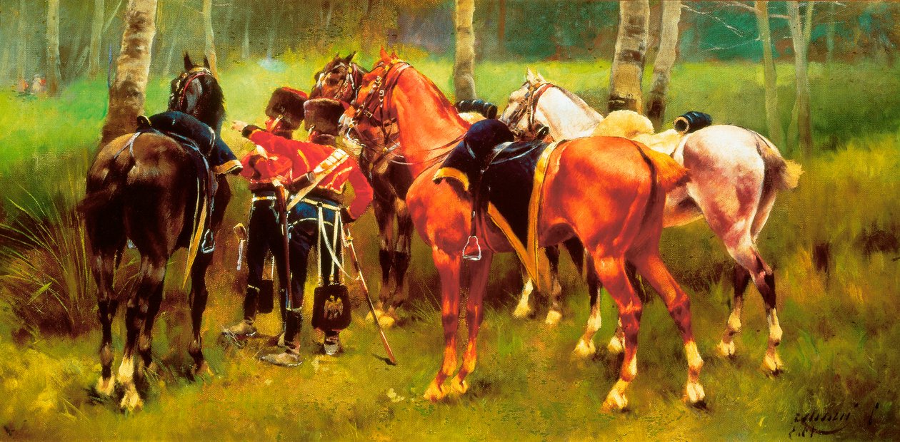 Group of Hussars and Horses in the Forest by Josep Cusachs y Cusachs