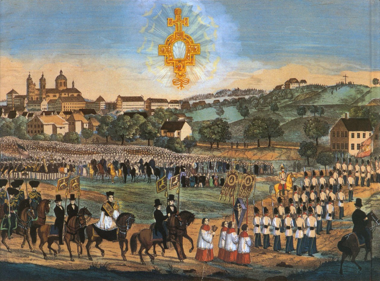 Altdorf-Weingarten, Holy Blood Procession 1849 or in the Following Years; Colored Lithograph, Variant with Holy Blood Relic in the Sky by Joseph Bayer