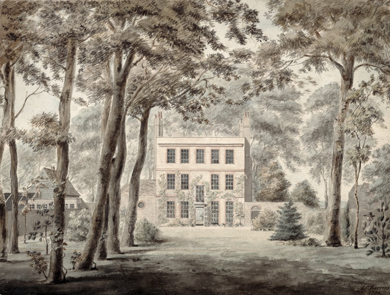 A Gardener working in the grounds of an elegant country house, 1788 by Joseph Charles Barrow