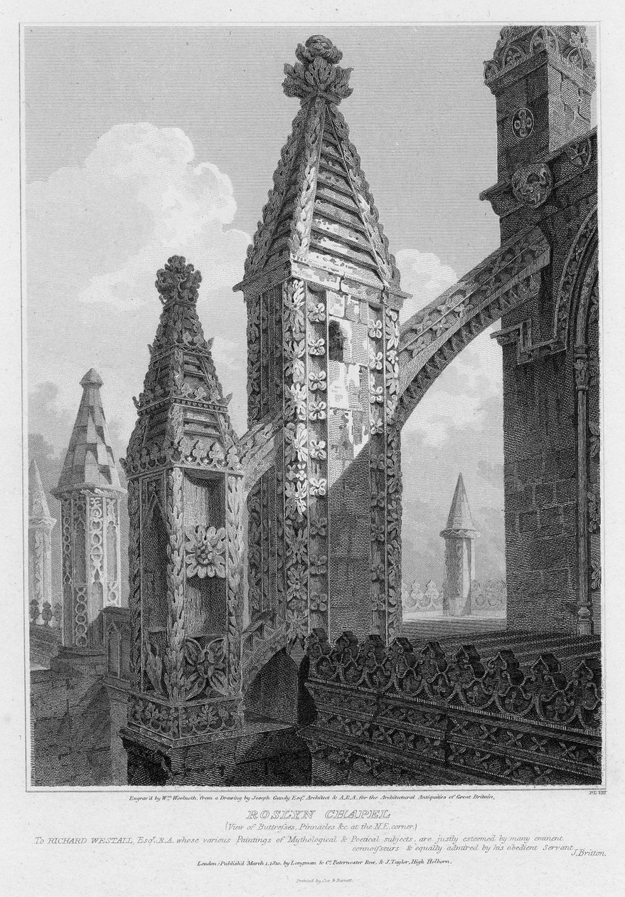 Roslyn Chapel, view of buttresses and pinnacles at the north east corner, engraved by William Woolnoth, 1810 by Joseph Michael Gandy