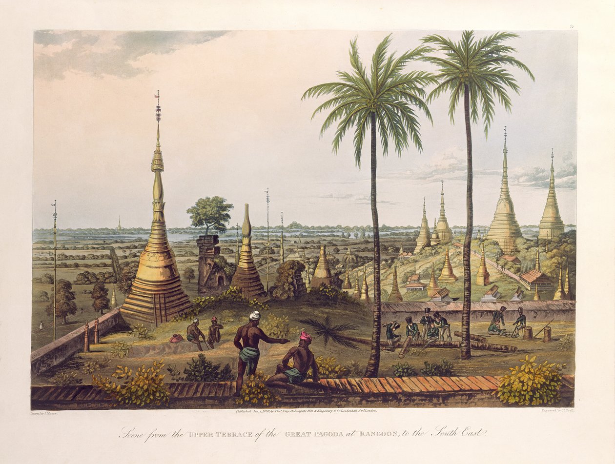 Scene from the Upper Terrace of the Great Pagoda at Rangoon, to the South East, engraved by H. Pyall, pub. by Kingsbury und Co., 1826 by Joseph Moore