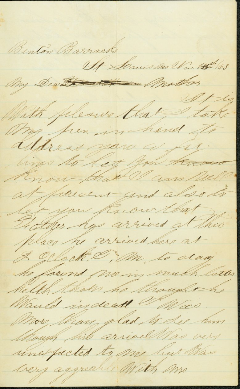 Letter signed Joseph A. Fardell, Benton Barracks, St. Louis, Mo., to Mother, November 12, 1863 by Joseph A. Fardell