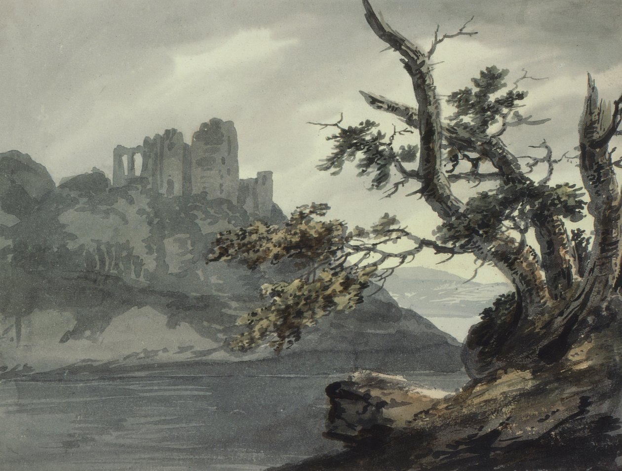 Ruined Castle near a River by Joseph Barber
