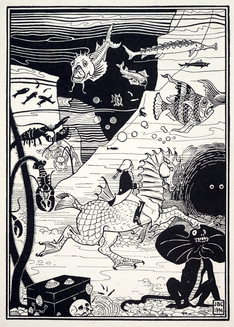 There was a great variety of tall, noble trees, loaded with marine fruit, such as lobsters, crabs, oysters, from The Surprising Adventures of Baron Munchausen, pub. 1895 by Joseph Benwell Clark