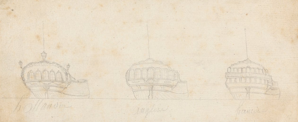 Decorative Sterns of Three Ships by Joseph Cartwright