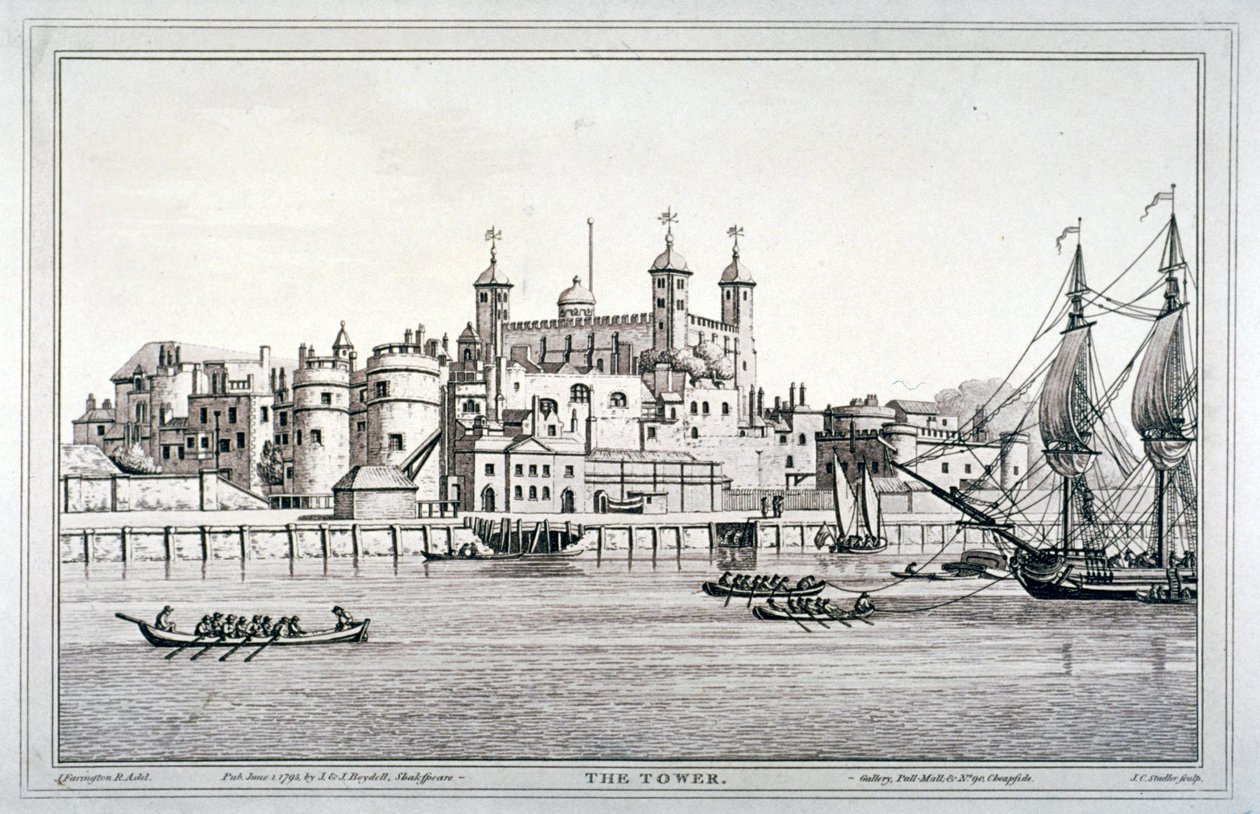 South view of the Tower of London with boats on the River Thames, 1795 by Joseph Constantine Stadler