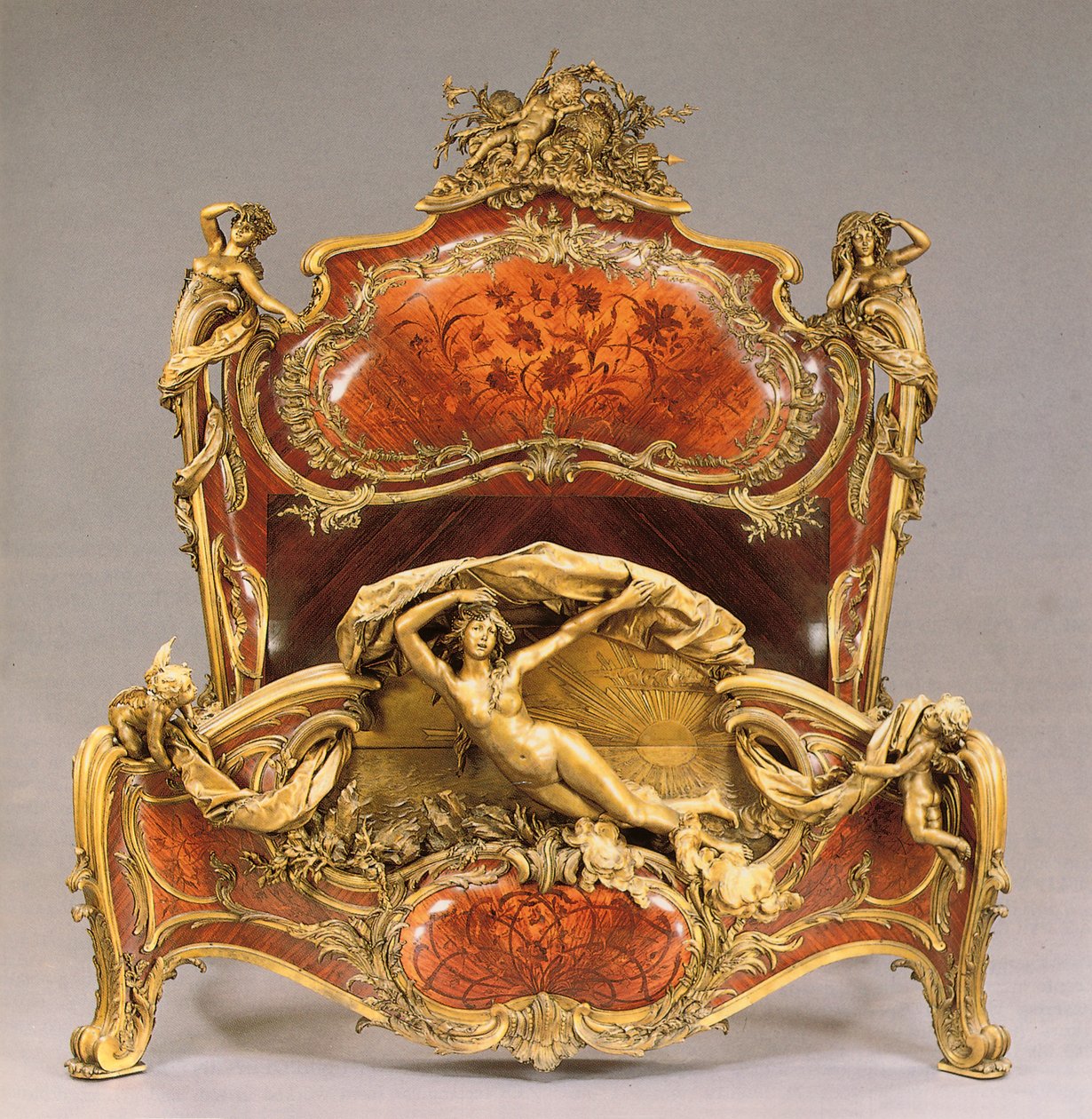 A Louis XV style ormolu-mounted tulipwood, kingwood and marquetry grand lit de reposes by Joseph Emmanuel Zwiener