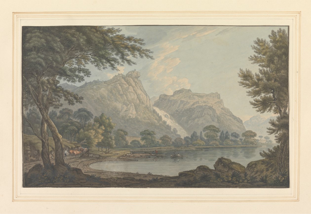 Lodore Rocks -- fall & cottage - distance by Joseph Farington