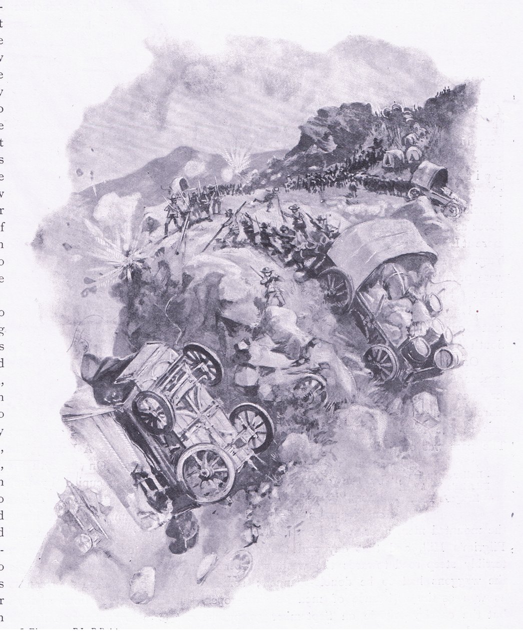The Boers destroying their wagons at Spitzkop (illustration from After Pretoria: The Guerilla War, 1902) by Joseph Finnemore