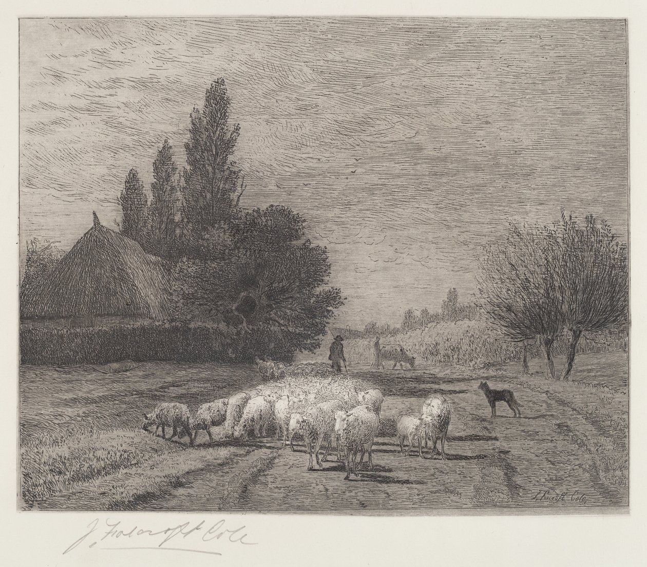 Village Street in France with a Flock of Sheep by Joseph Foxcroft Cole