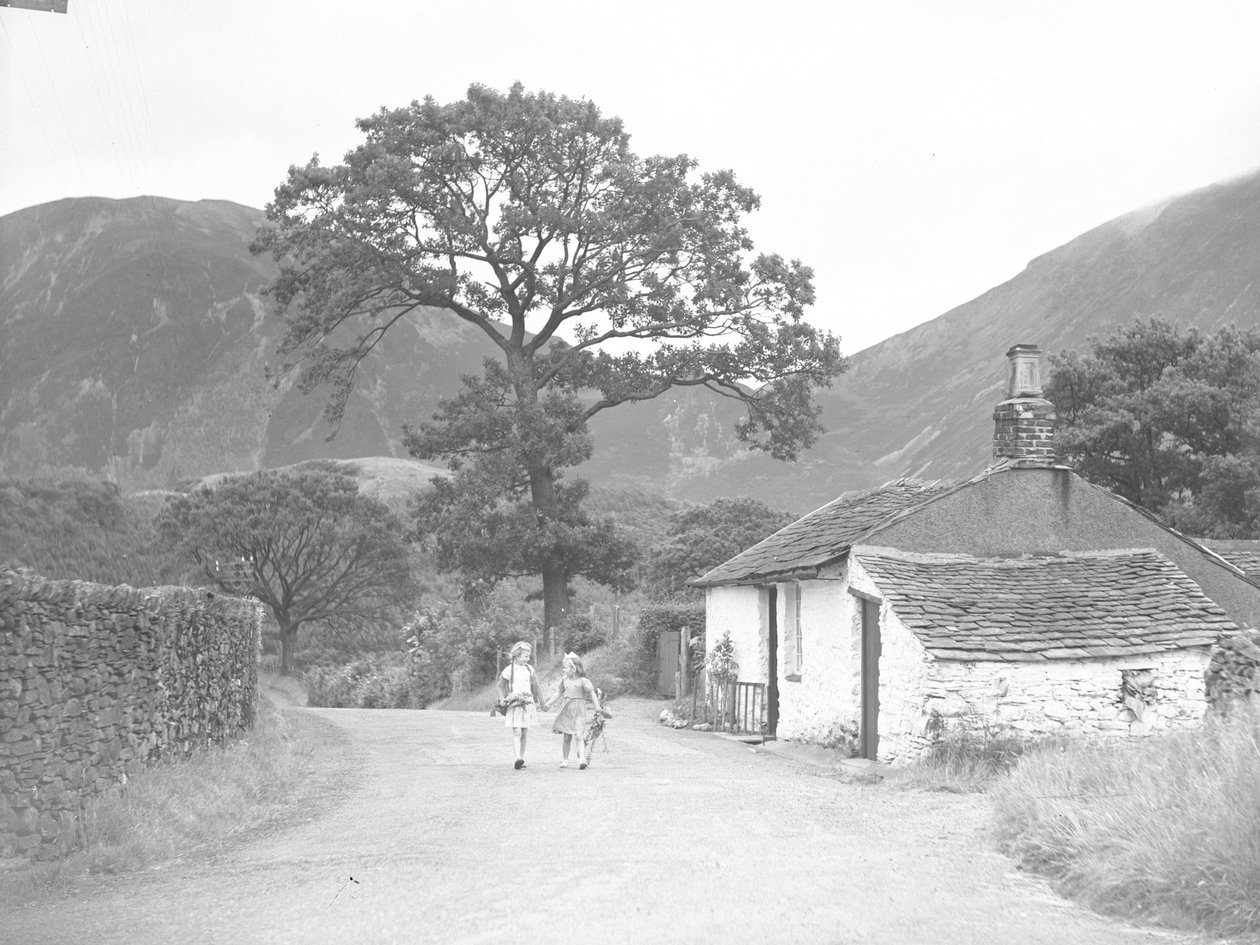Two young girls holding hands with sprigs of foxgloves walking down road past cottage towards camera by Joseph Hardman