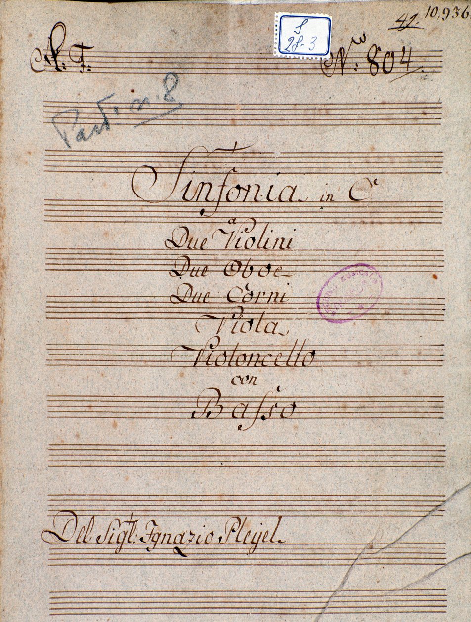 First Page of Musical Score of Symphony in C by Pleyel by Joseph Ignace Pleyel