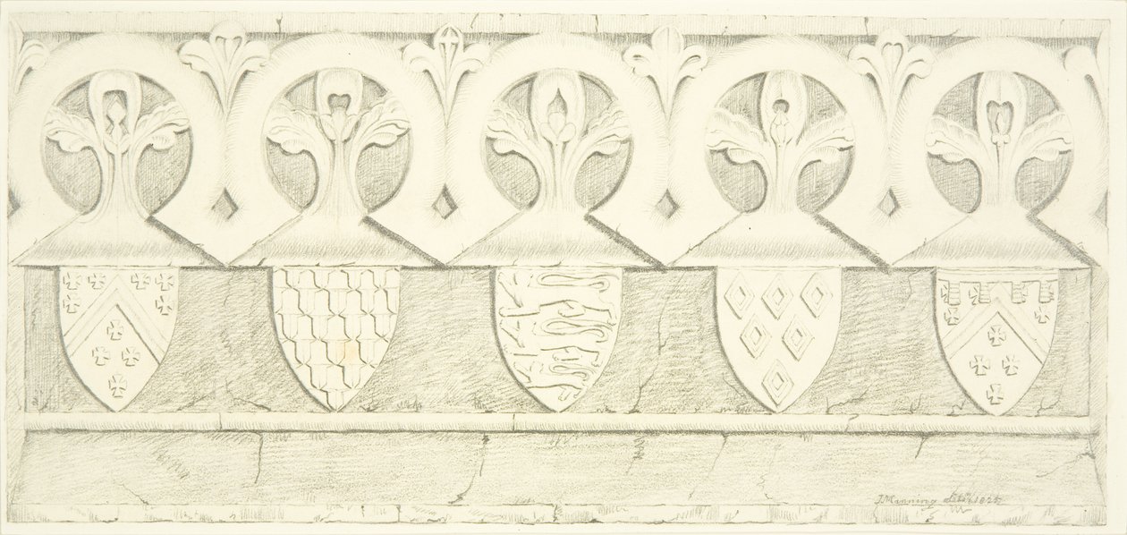 Gothic frieze and coats of arms in vestry room of Bristol Cathedral by Joseph Manning