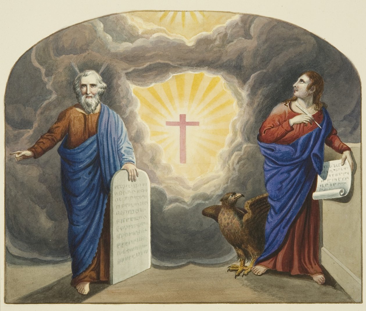 Painted window over Christ Church altar, showing Moses and St John the Evangelist by Joseph Manning