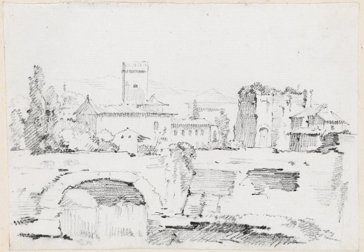 An Italian Town with a Stone Bridge and a Waterfall by Joseph-Marie Vien