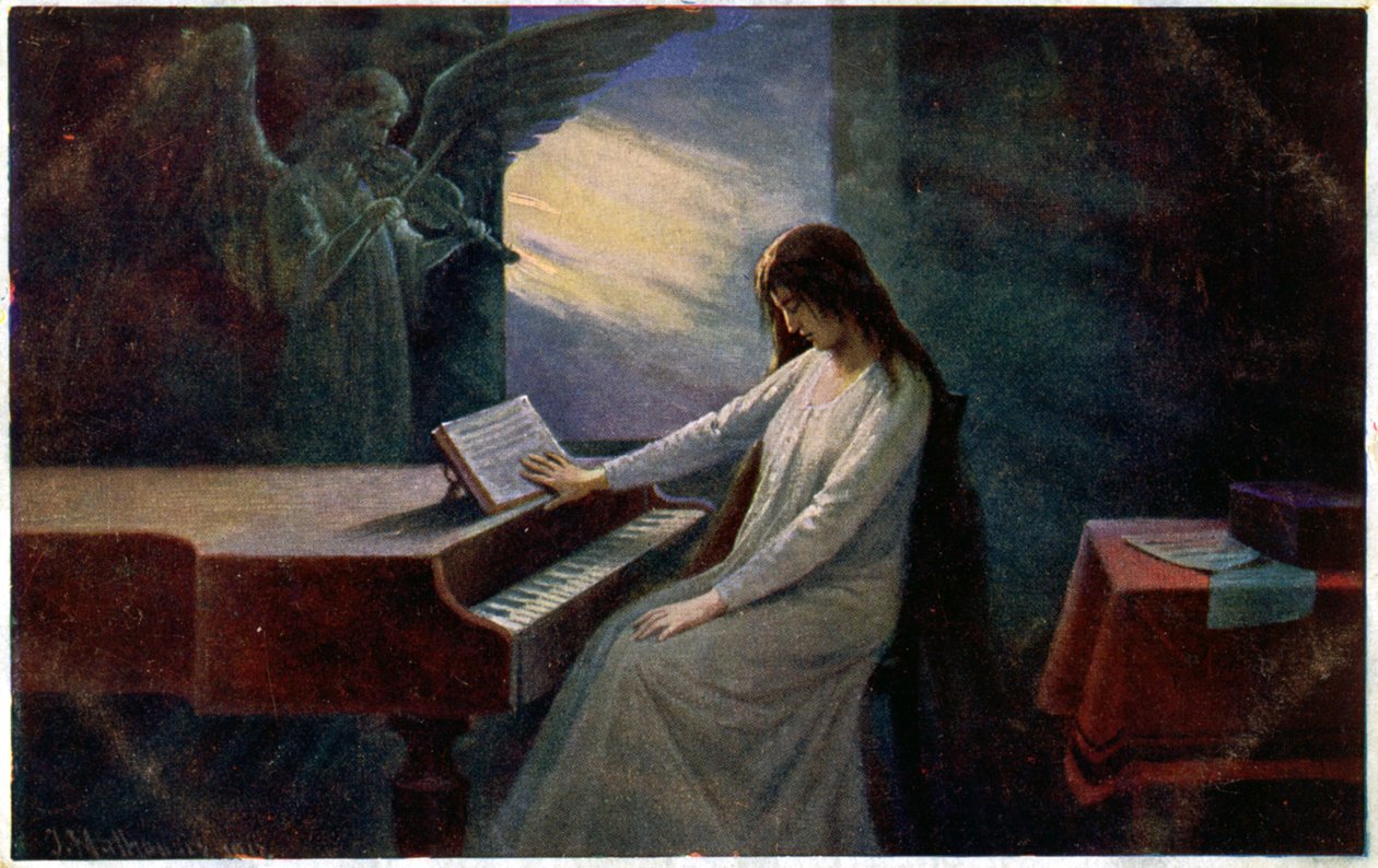Music. The Last Chord. Dying Lady at the Piano. Illustration by Josef Mathauser, Czech Republic, c.1910 (postcard) by Joseph Mathauser