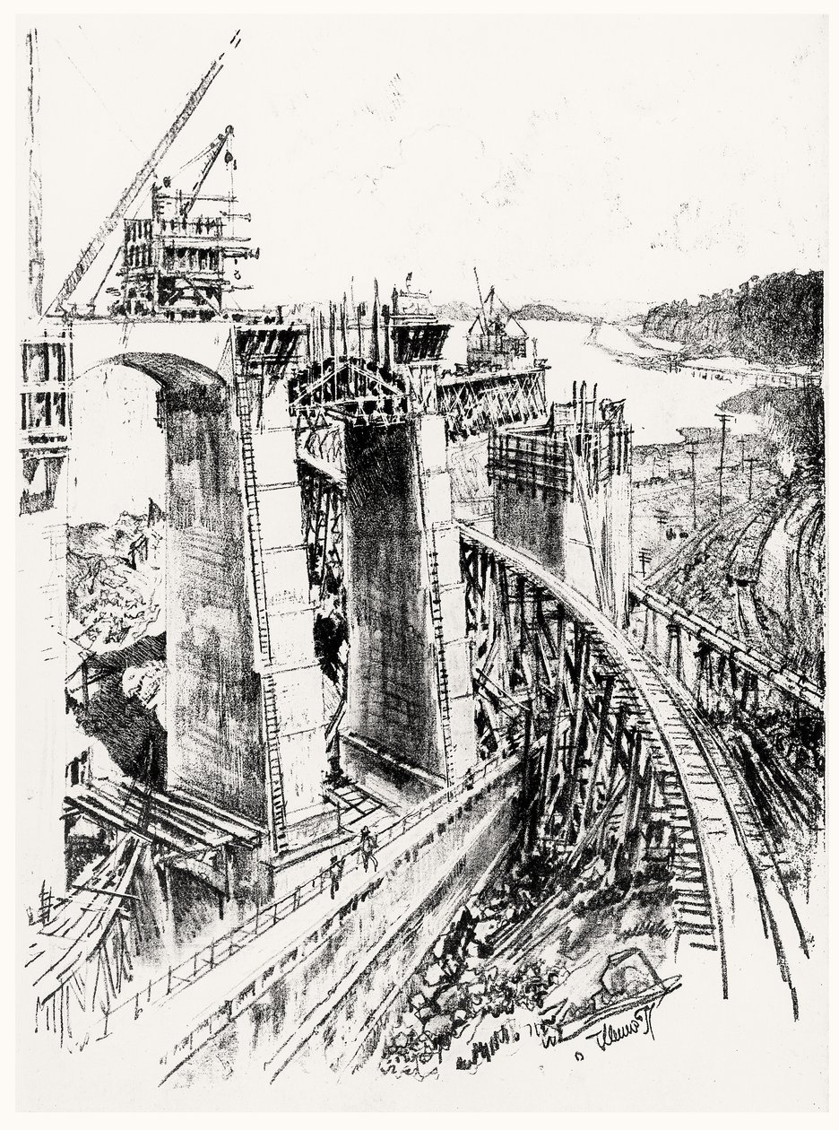 Approaches to the Gatun Lock, plate VI from The Panama Canal by Joseph Pennell, 1912 by Joseph Pennell