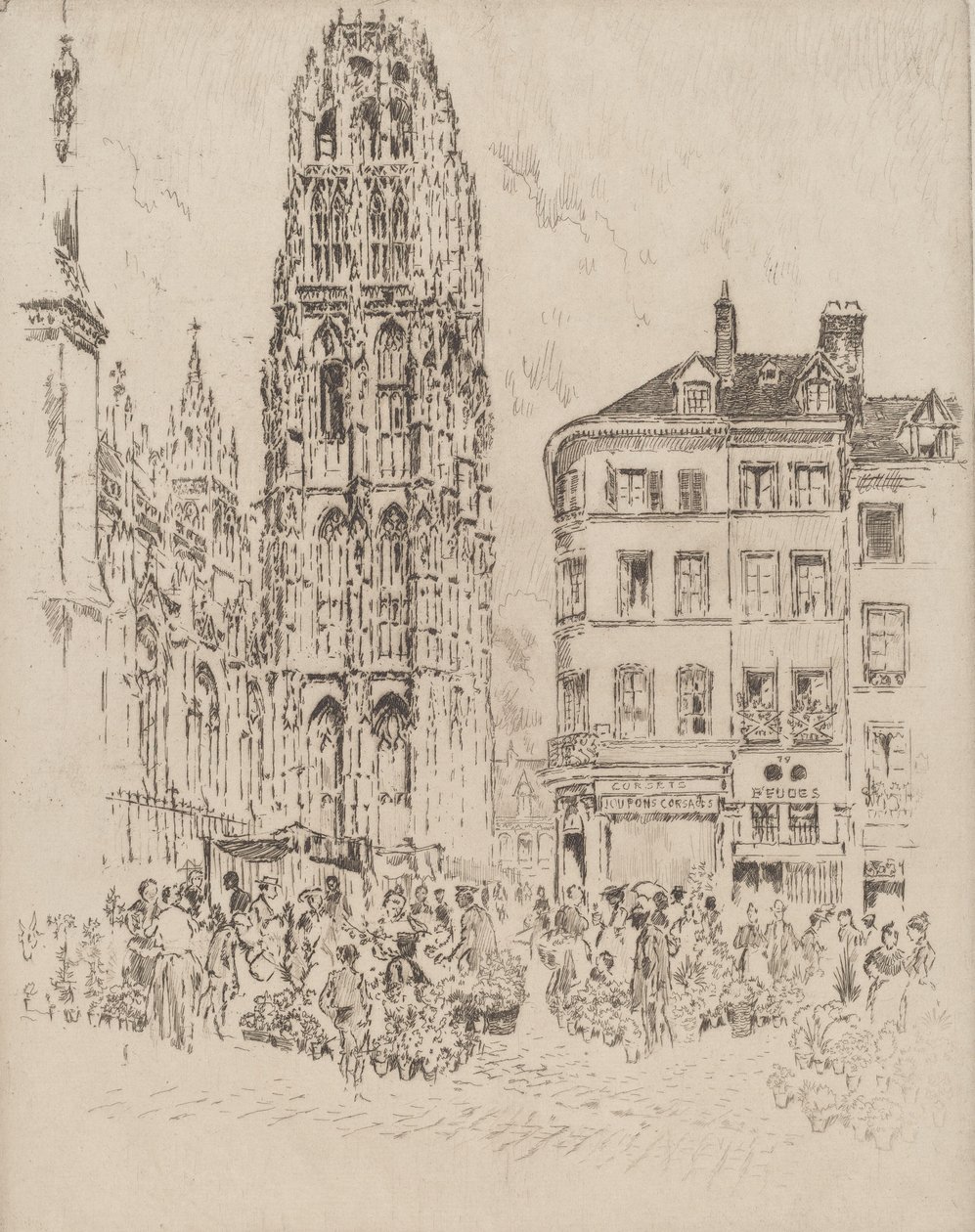 Flower Market and Butter Tower, Rouen, 1907 by Joseph Pennell