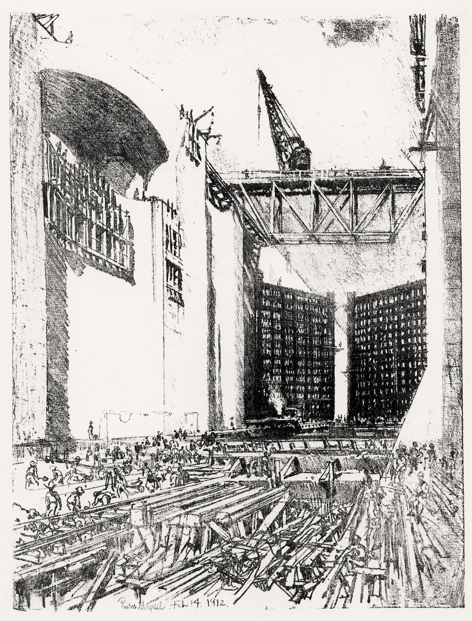 Laying the Floor: Pedro Miguel Lock, plate XVIII from The Panama Canal by Joseph Pennell by Joseph Pennell
