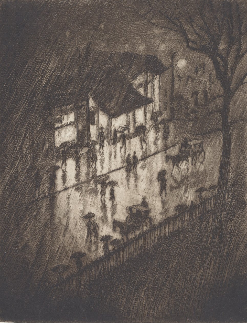 Rainy Night, Charing Cross Shops by Joseph Pennell