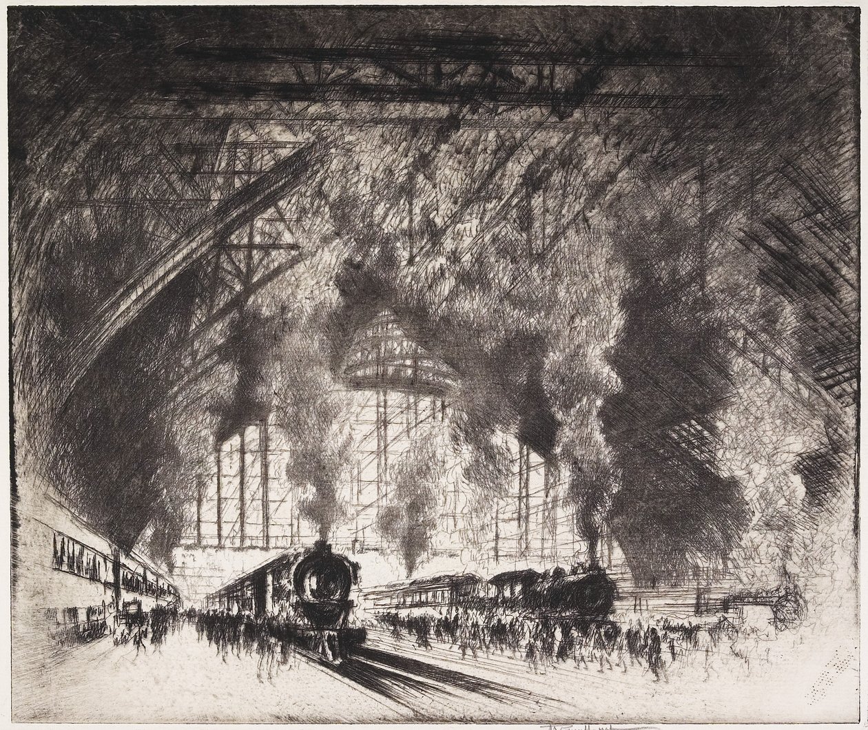 The Trains that Come, and the Trains that Go, Pennsylvania Railroad, Philadelphia, 1919 by Joseph Pennell