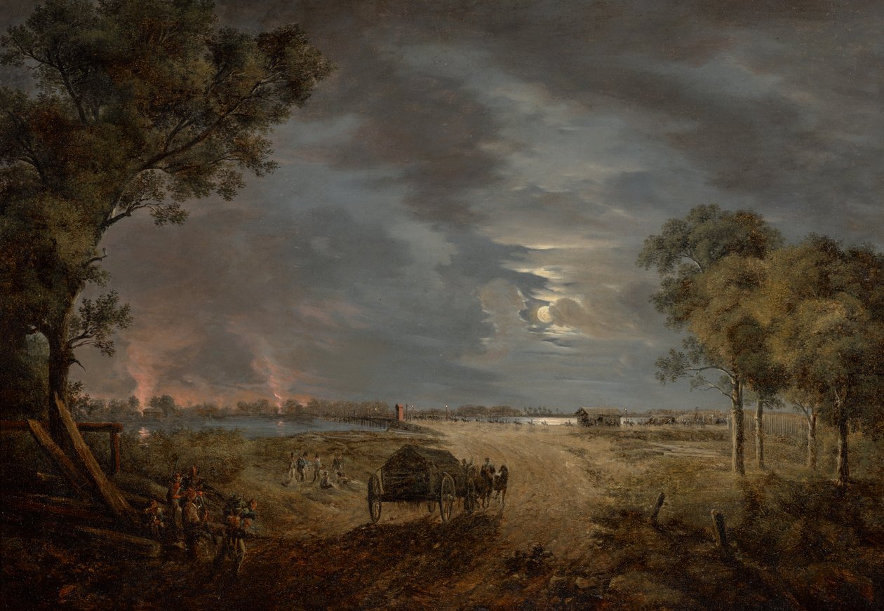 View of the crossing bridge of the French Army into Lobau (Night scene with Moonlight) by Joseph Rebell