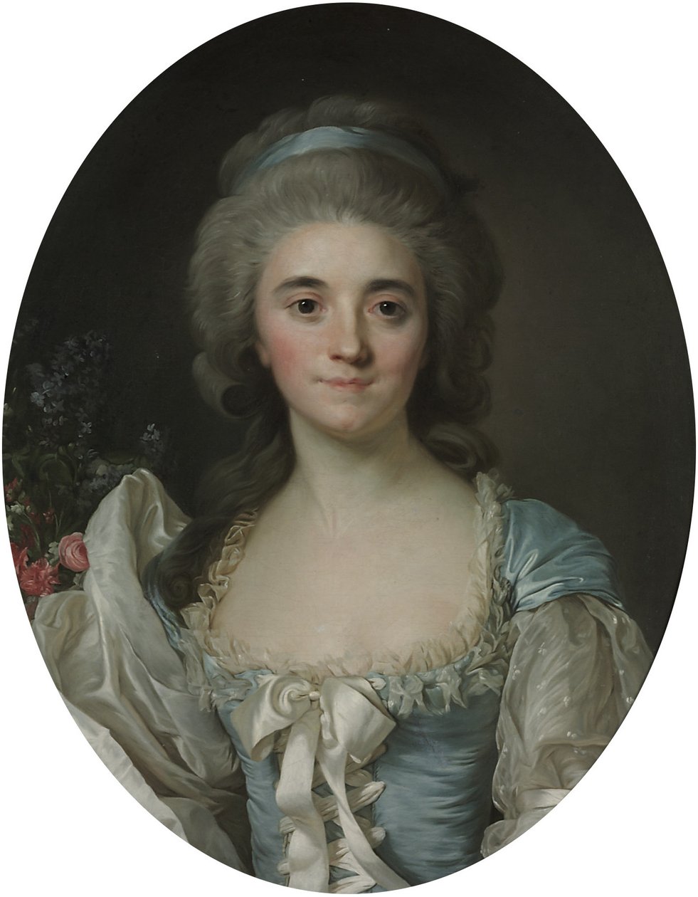Portrait of Comtesse de Provence, half-length, in a turquoise dress with white lace trim and ribbon by Joseph Siffred Duplessis