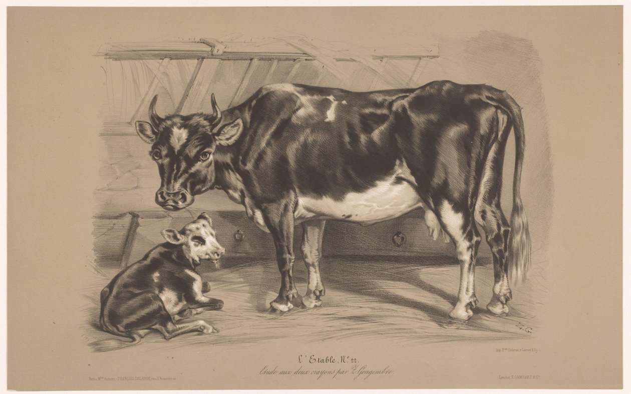 Cow with Calf in a Stable by Joseph Zephyris Gengembre