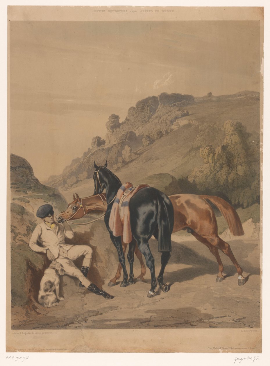 Two Horses with Resting Rider in a Landscape (series title: Horses after Alfred de Dreux) by Joseph Zephyris Gengembre