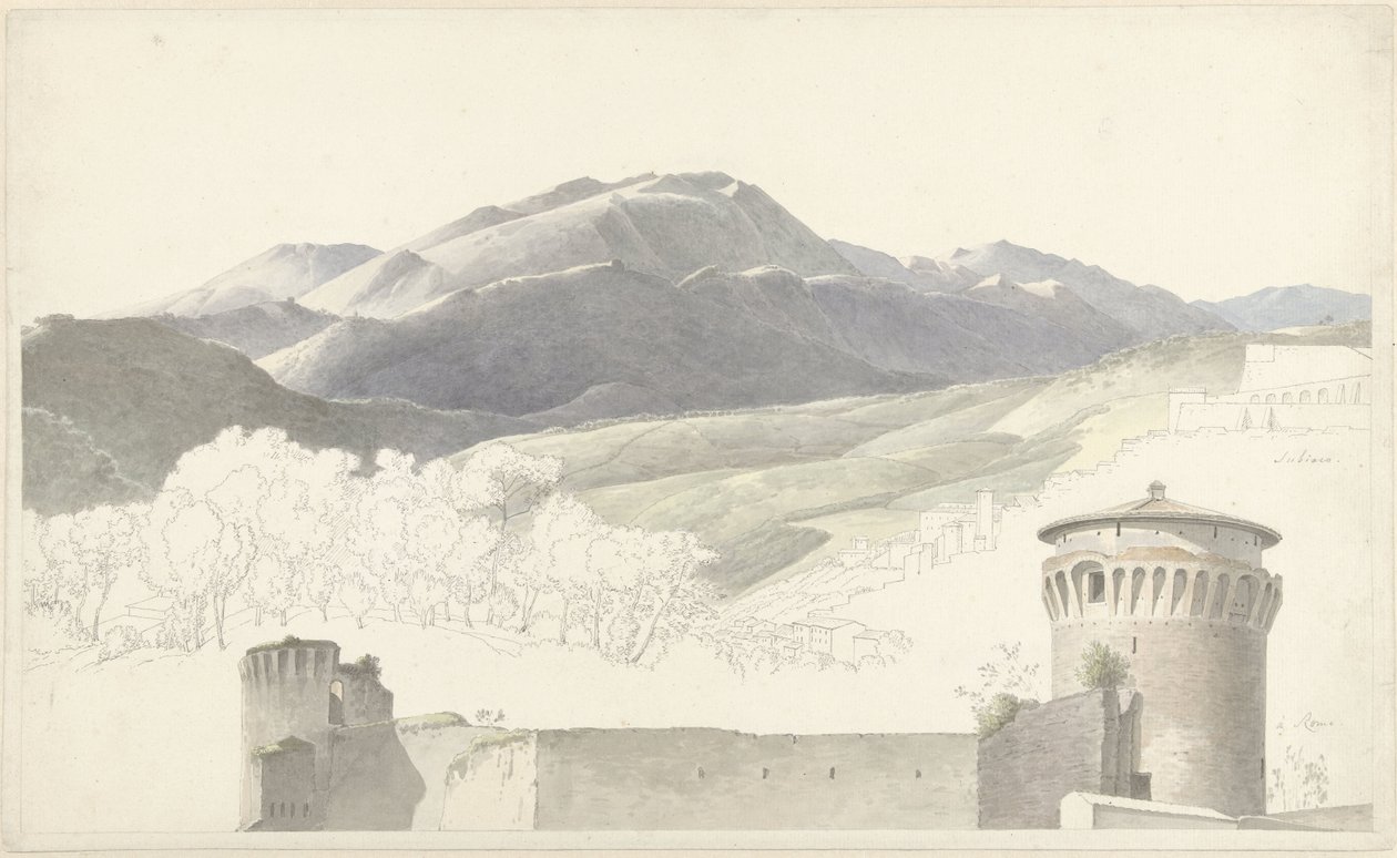 Landscape near Subiaco and Building in Rome by Josephus Augustus Knip