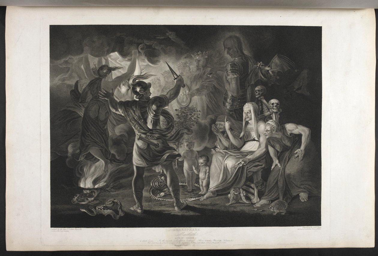 Macbeth. Act IV. Scene I. A dark cave. In the middle a cauldron boiling. Three witches. Macbeth. Hecate. Macbeth faces the witches and the apparitions; by his feet, inside a coiled snake, stand a small bloody child and a child wearing a crown and holding a by Joshua (after) Reynolds