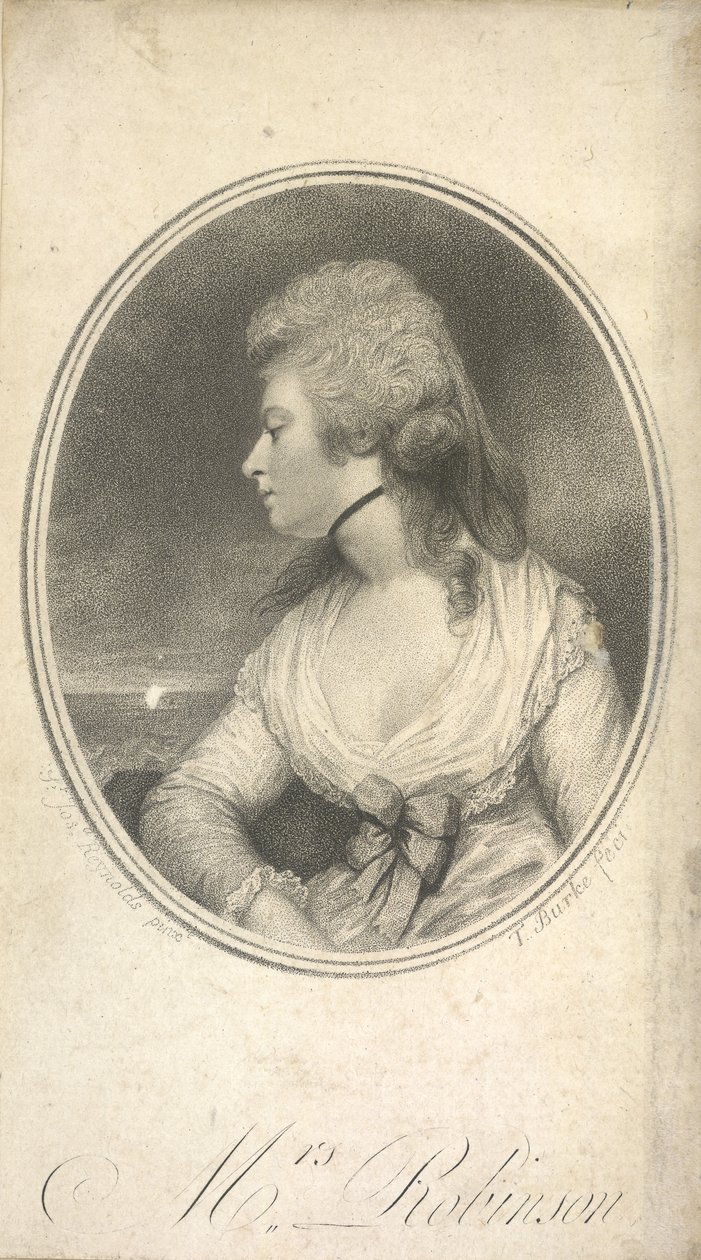 Mrs Robinson. Mary Robinson, née Darby, known as Perdita (1758-1800). English actress, poet and novelist. First public mistress of King George IV while he was still Prince of Wales. Portrait, after Sir Joshua Reynolds. by Joshua (after) Reynolds