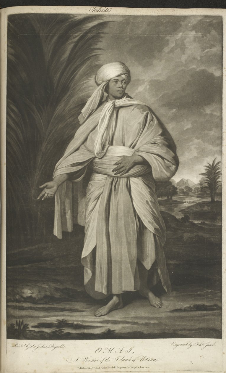 Omai, a native of the island of Ulietea. Painted by Sir Joshua Reynolds and engraved by John Jacobs. A standing portrait of Mai or Omai, draped in flowing robes, in classical pose. Mai (c.1751-1780), mistakenly known as Omai in Britain, was a young Ra
