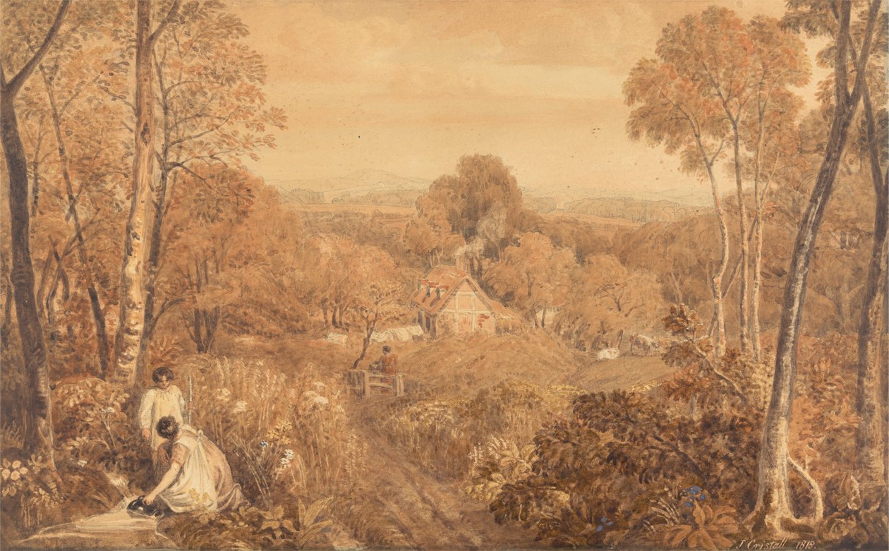 Wooded Landscape with Cottages and Countrywomen, Hurley, Berkshire by Joshua Cristall